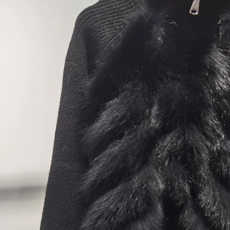 Jerséis femeninos con cremallera, Jersey corto de punto con piel de zorro auténtica, jersey de manga larga con recorte de piel auténtica