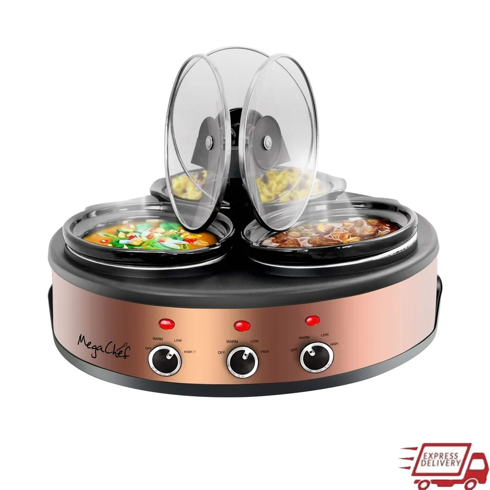 

Triple Slow Cooker Buffet Server with 3 Ceramic Pots Removable Lid Rests Individual Control Settings Anti Slip Feet 1.5 Quart