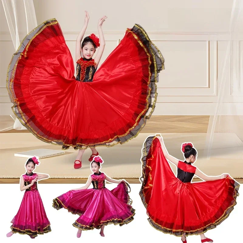 Spanische Flamenco-Tanzkleider für Mädchen, 360/540/720 Grad, großer Swing-Rock, Kinder-Eröffnungstanz, Bühnenkostüme