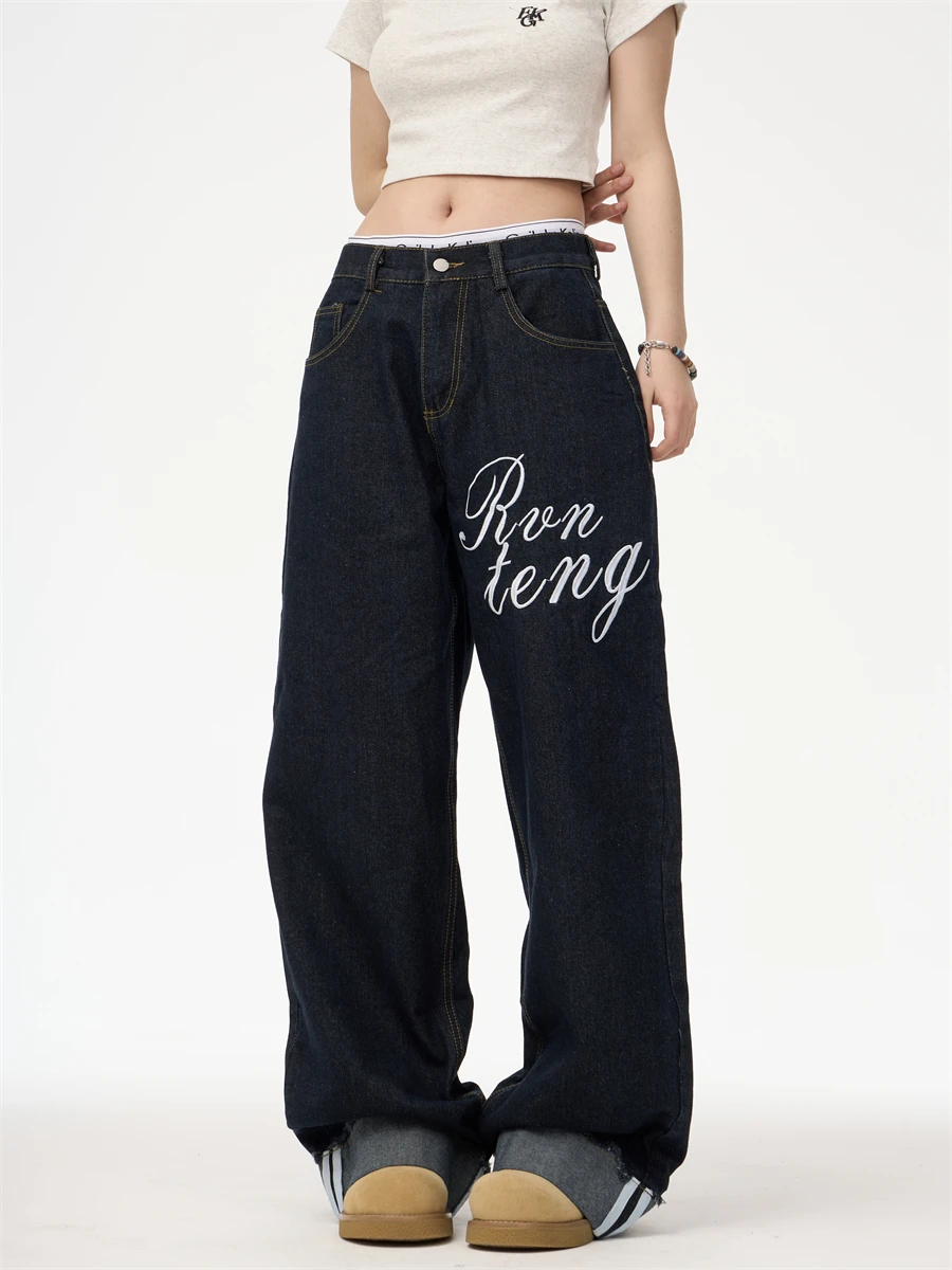 Casual Embroidered Wide Leg Jeans Women's Loose Black Straight Leg Jeans American Retro Cuffed Jeans Ladies Autumn Spring