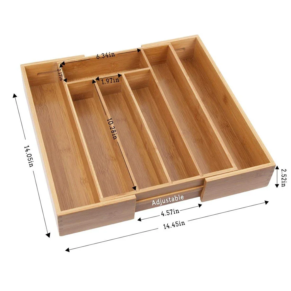 Expandable Bamboo Cutlery Drawer Storage Box 7 Grid Partitioned  Type Organizer for  Trays Decorative  Cutlery Organizer