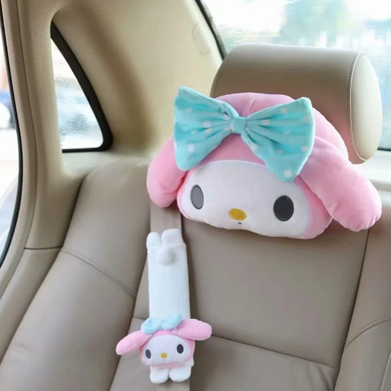 Sanrio Plush Hello Kitty Kuromi Toy Car Headrest Neck Pillow Seat Belt Cover Anime Figure Soft Car Supplies Kawaii Plushie Doll