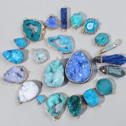 1pc Natural Trendy Blue Druzy Quartz Pendant Raw Stone Crystal Agates Connector Charms for DIY Necklace Bracelet Jewelry Making