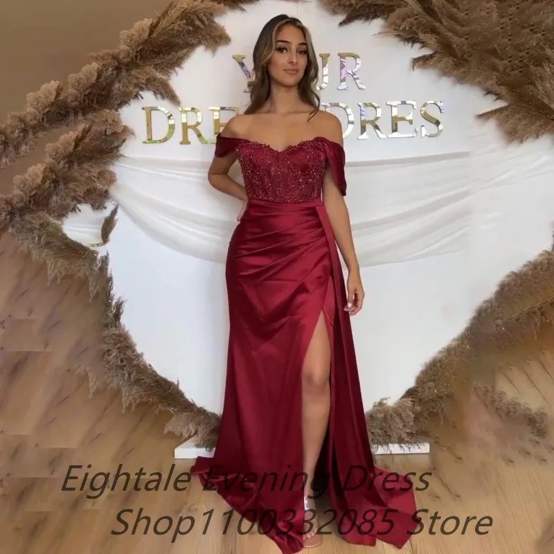 Burgundy Mermaid Satin Evening Dress For Wedding Party 2022 Off Shoulder Sexy Side Slit Beading Prom Dress Formal Party Gown