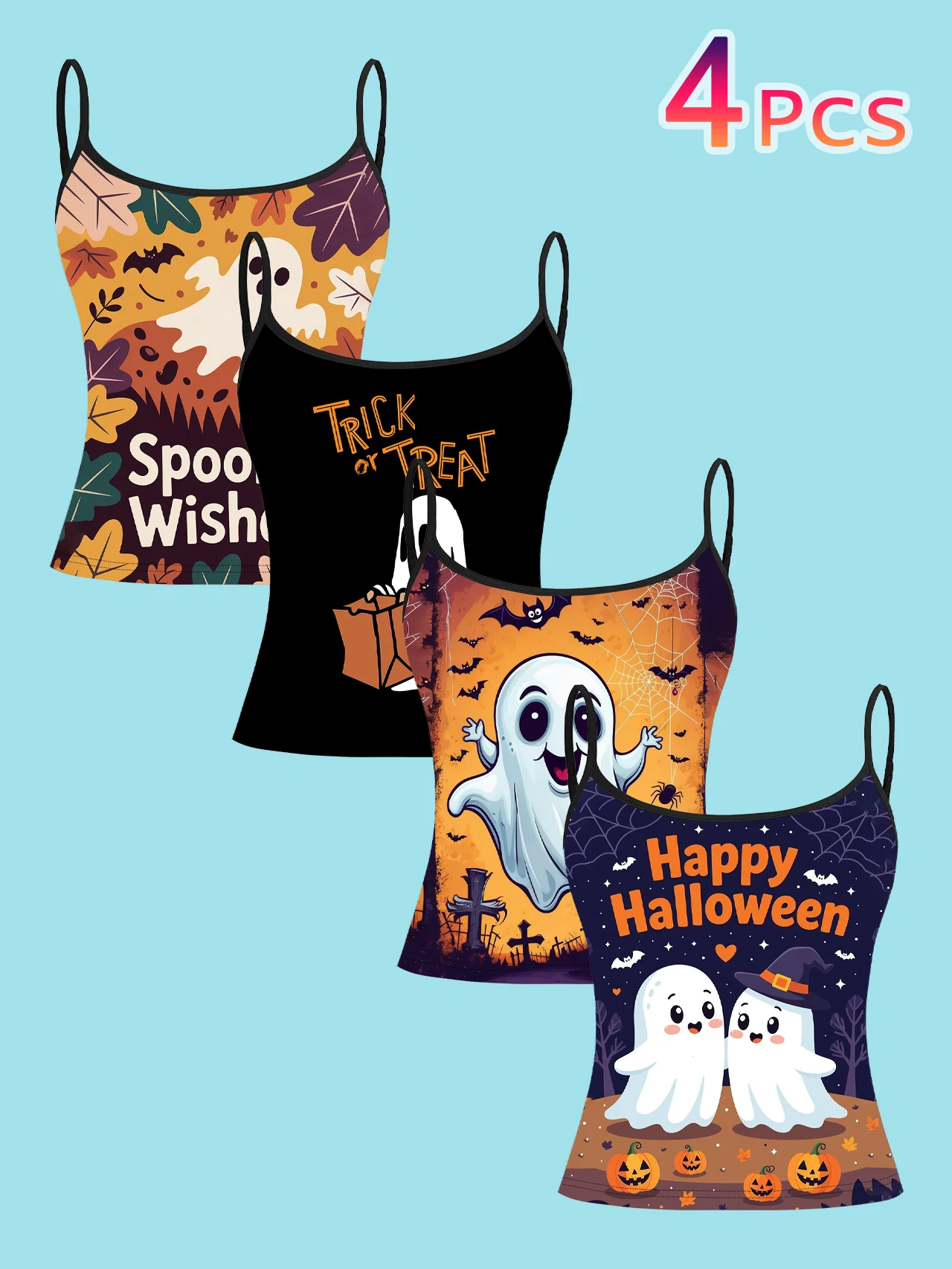 4-Pack Halloween Cute Ghost Maple Leaf Women's Camisole Cartoon Fun Print Slim Fit Spaghetti Strap Short Camisole Top
