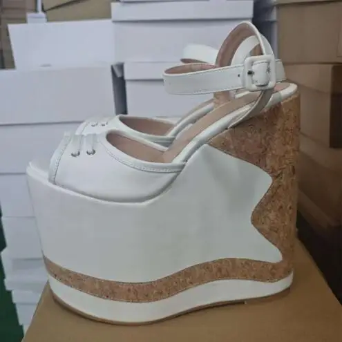 Size 47 Girls White Leather Mixed Color 22 CM Super Wedges Summer Sandals Women Peep Toe Platform Ankle Buckle Night Club Shoes