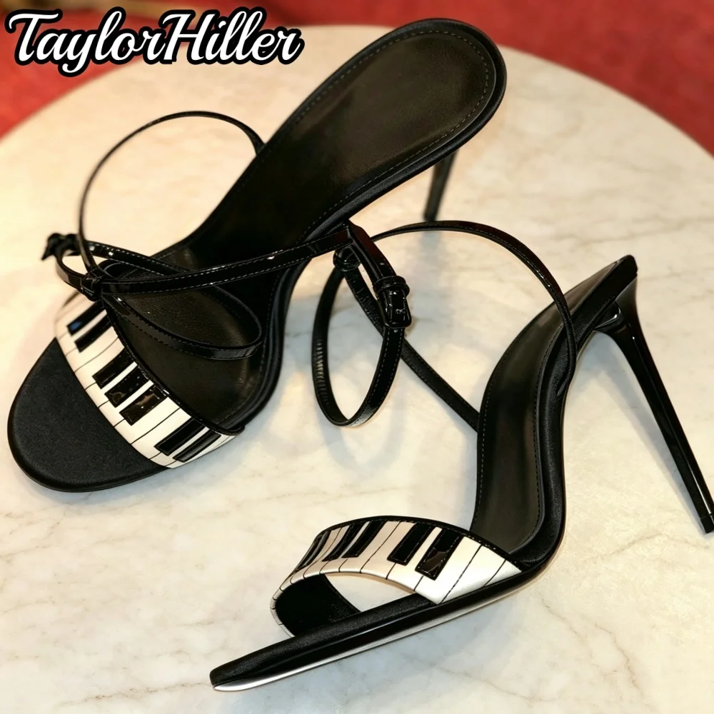 TaylorHiller Women Piano Heeled Sandals Key Print Stiletto Open Toe Ankle Buckle Strap Thin High Heels Ladies Party Club Shoes - view 3