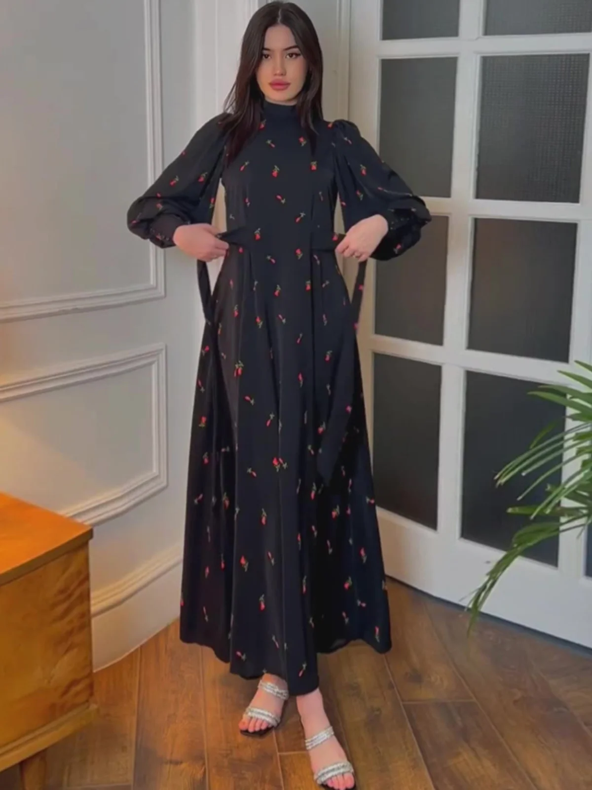 Retro Cherry Print Long Sve Dr Donna New Chinese Sle Satin Vita Cinching Dimagrante Lungo Dr Gentle Sle Primavera