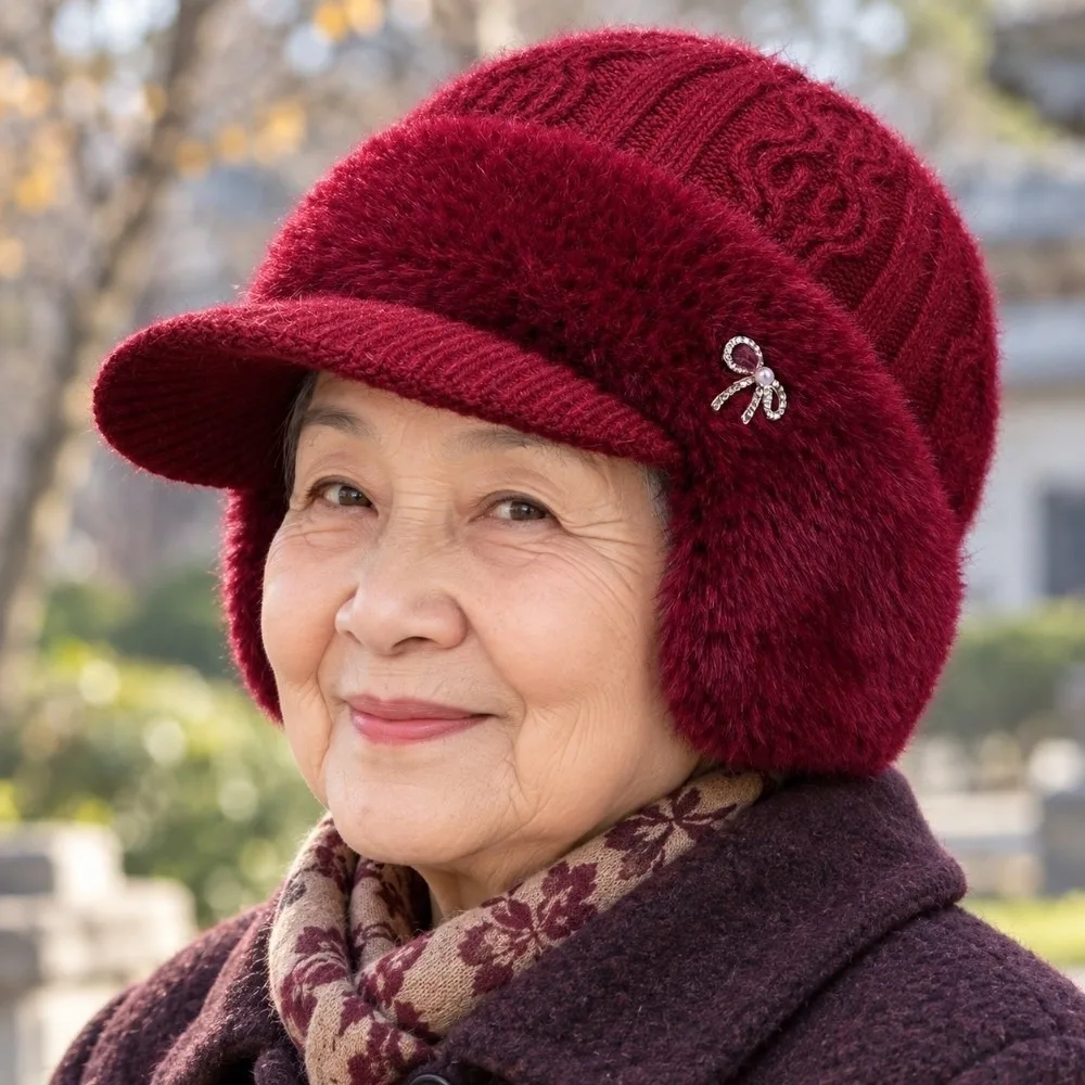 Thickened Winter Knit Hat Windproof Elastic Fleece Lined Beanie Soft Yarn Cable Knit Ear Protection Cap Middle Aged
