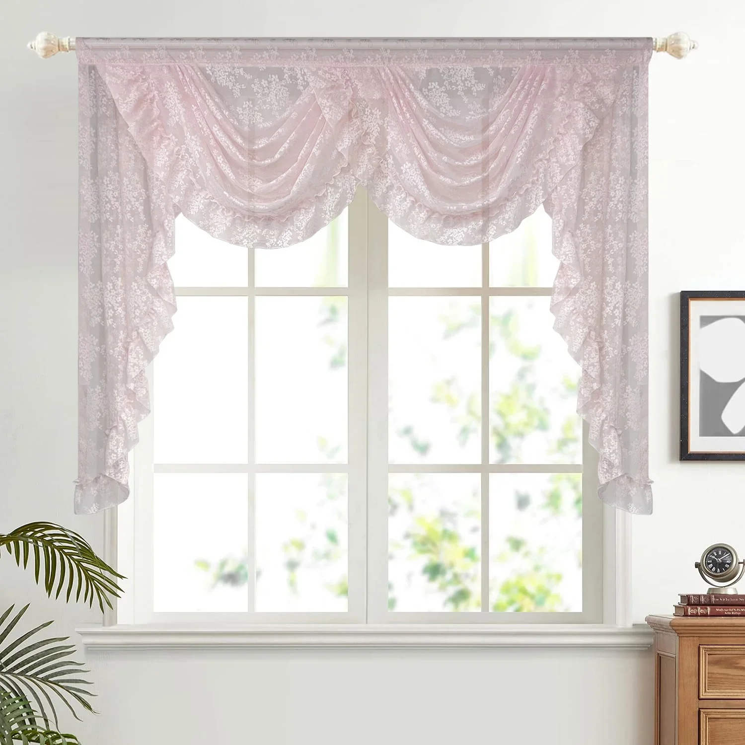 1PC Pink Flower Ripple Curtain Head for Living Room Sheer Lace Valance Girls Princess Bedroom Home Decoration Modern and Simple