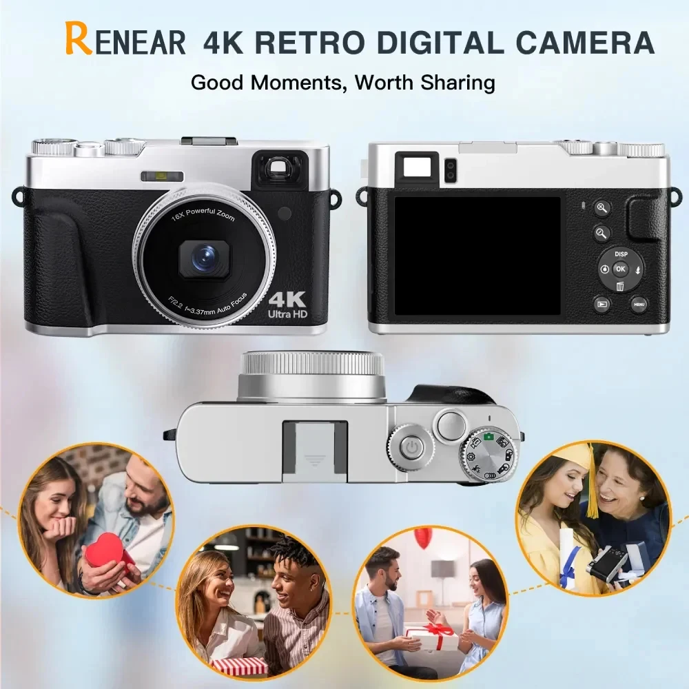 4K HD Digital Camera Auto Focus 48MP Vlogging Shooting Viewfinder Electronic Anti-Shake Micro-Single SLR Camera with Flash &Dial