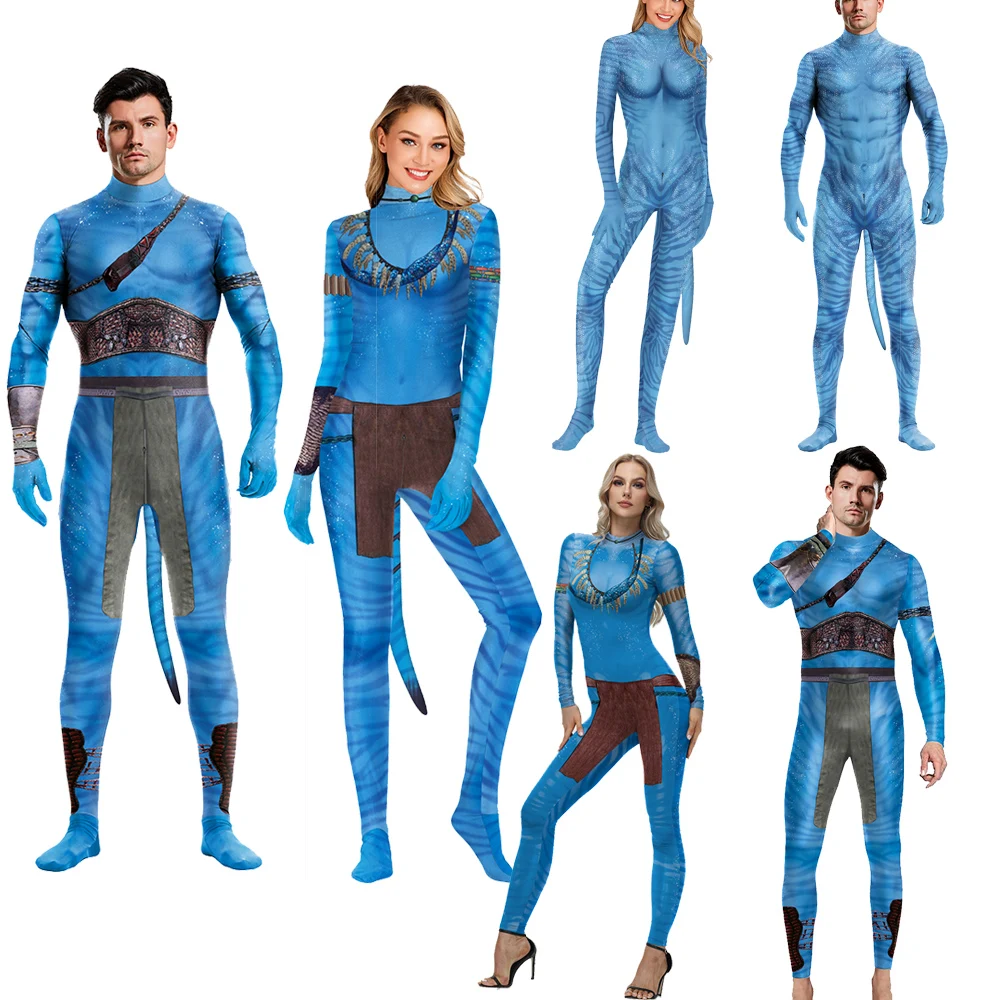 

Avatar Themed Cosplay Costume Adult Carnival Party Disguise Movie Avatar Print Bodysuits with Tail Halloween Catsuit Jumpsuit ﻿