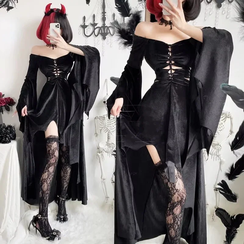 Disfraz de Halloween para mujer, juego de rol de Anime, vestido negro, bruja, vampiro, negro, un hombro, manga trompeta, falda larga, ropa de novia