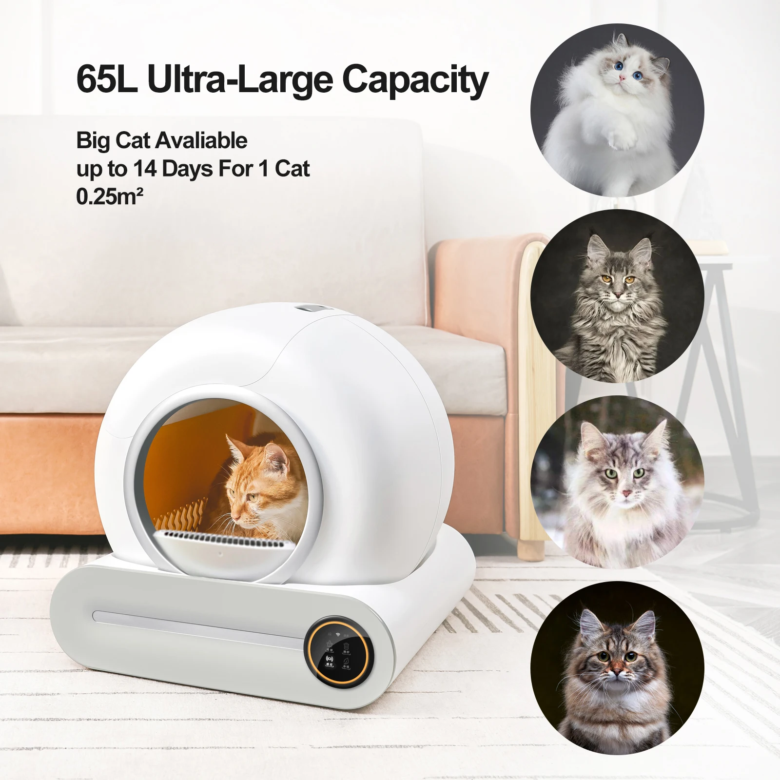 65L Large Space Self Cleaning Cat Automatic Litter Box Wi-Fi Enabled Smart Robot with 24H App Remote Control Odor Removal