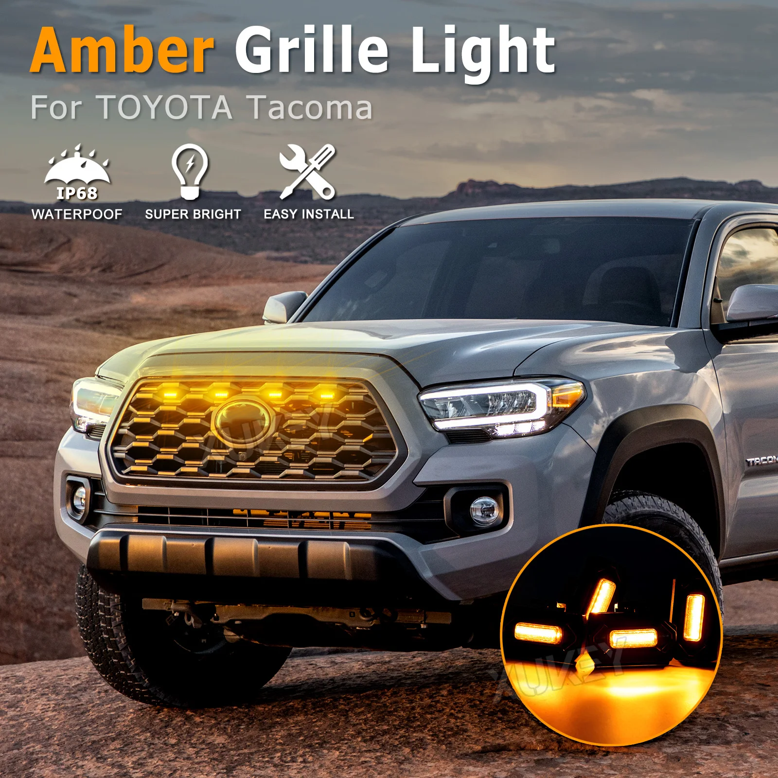 4x 12V Smoked Lens Front Grille Amber LED Light with Wiring Harness Fuse Kit For Toyota Tacoma 2020 2021 2022 2023 TRD Pro DRL