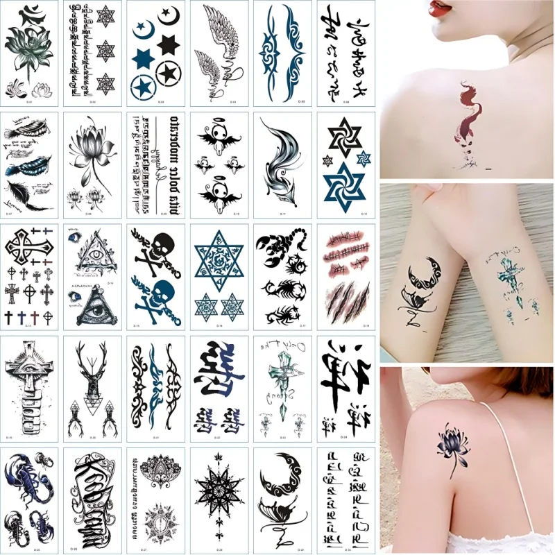 30pcs Temporary Tattoos for Men Women Tribal Totem Fake Tattoo Stickers Waterproof Hands Arm Leg Finger Neck Tatuagem Removable