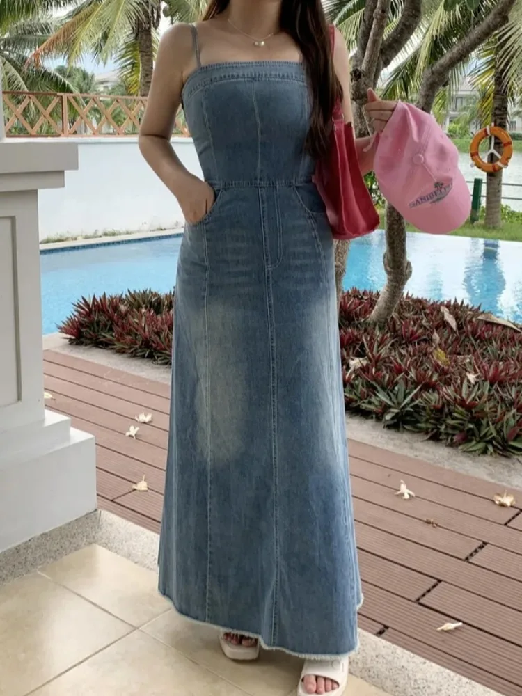 

Retro Chic Summer A-Line Dr Long Denim Tube Top Strap Slimming Gown for Young Women Spring Autumn Faion Ele