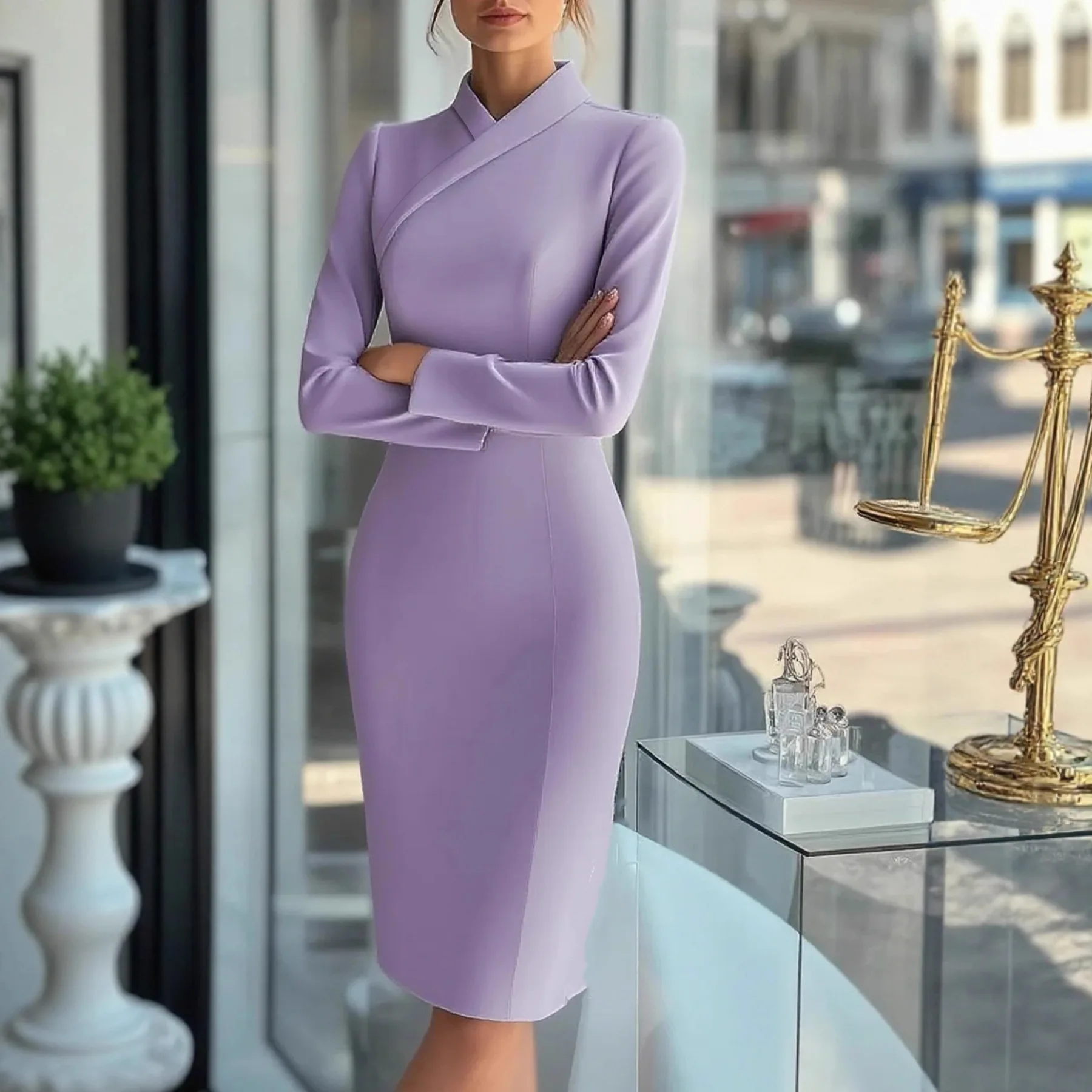 Elegant Slim Fit Tight Dress 2025 Solid Color Fashionable Long Sleeved High Neck Slim Fit Pencil Dress For Women Bodycon Dresses