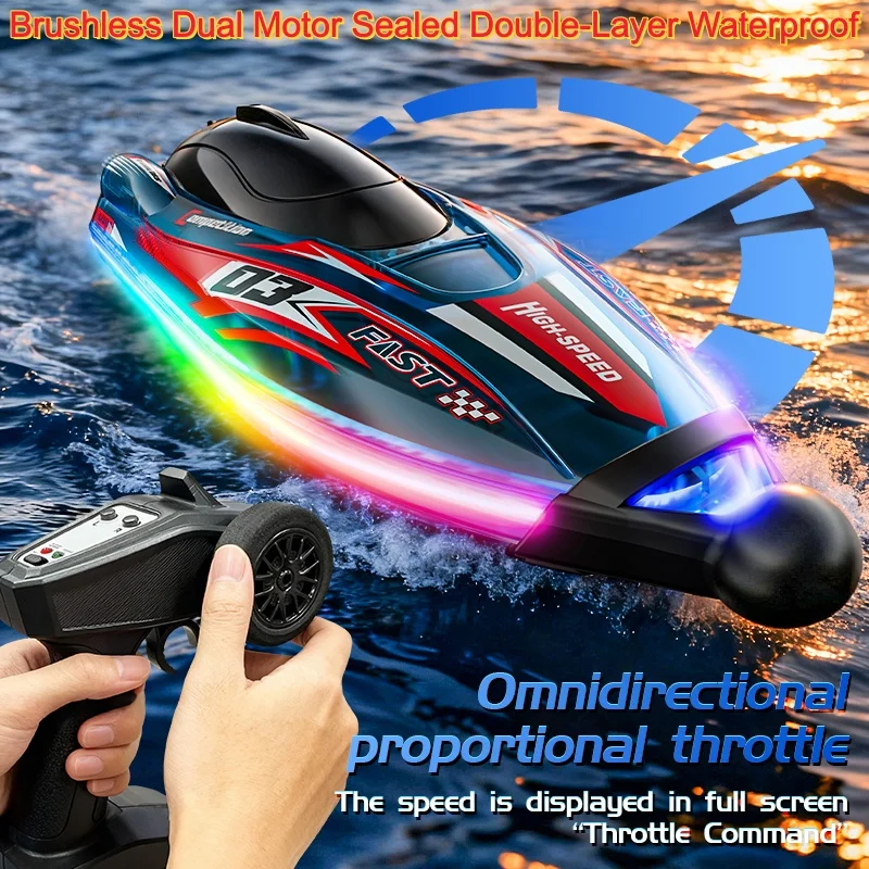 NEW 2.4G RC Boat Children's Water Toy Colorful Light Sealed Double-Layer Waterproof Brushless Dual Motor Remote Control Boat