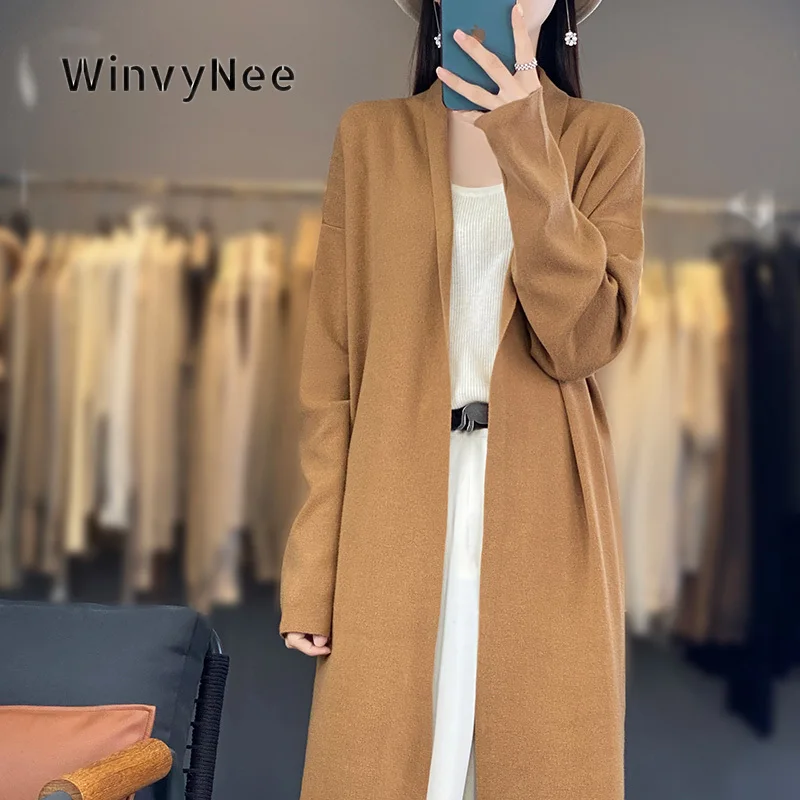 WinvyNee Women Long Open Front Knit Cardigans Warm 100% Wool Oversized Drape Silky Chic Autumn Winter Daily Top Apparel B1853011