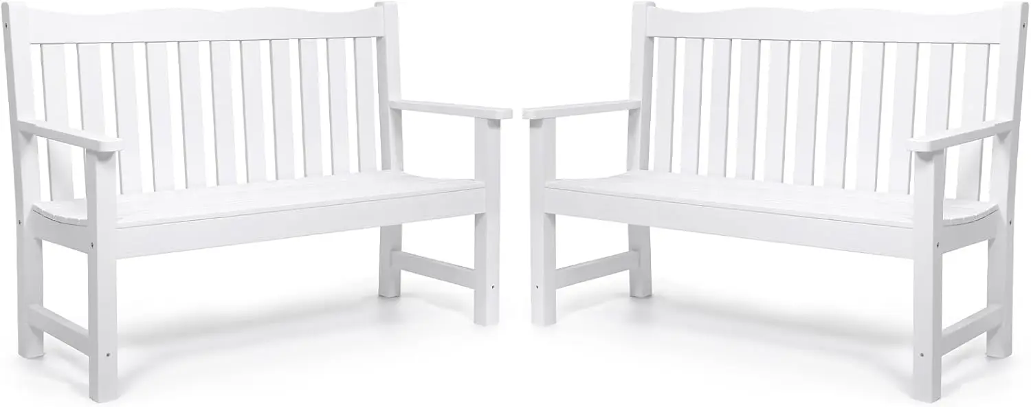 Garden Benches Set of 2, All-Weather HIPS Outdoor Bench with 800 lbs Weight Capacity, Never Rot or Fade, White