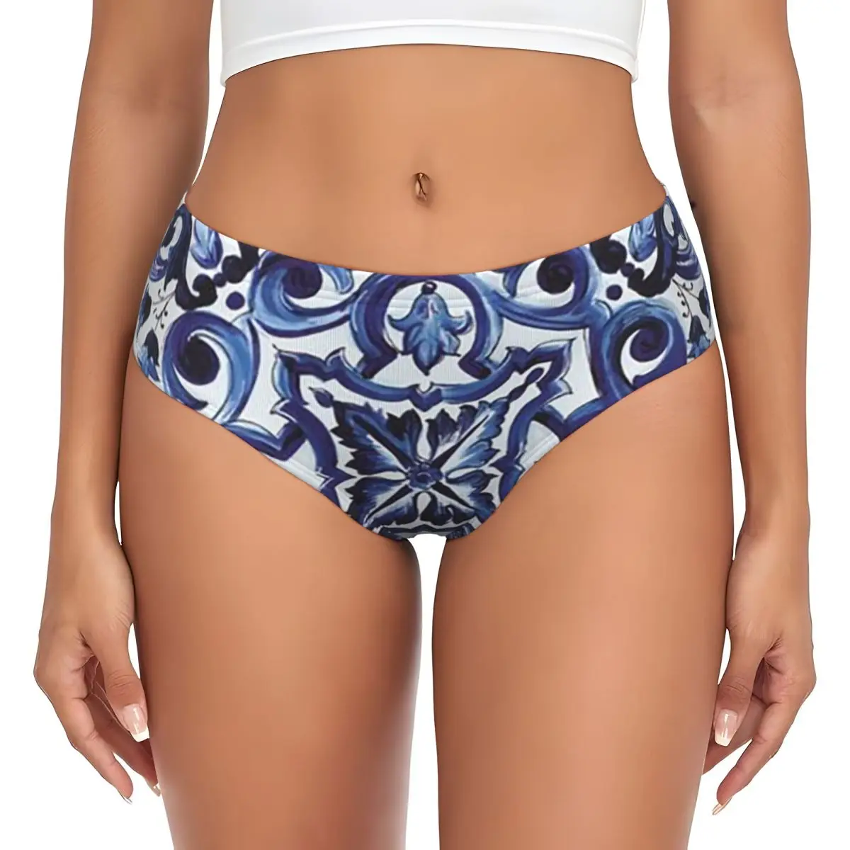 

Синие украшенные цветочным средиземноморским сицилийским плитку 1, трусики, женские удобные трусы, нижнее белье, дышащие женские трусы