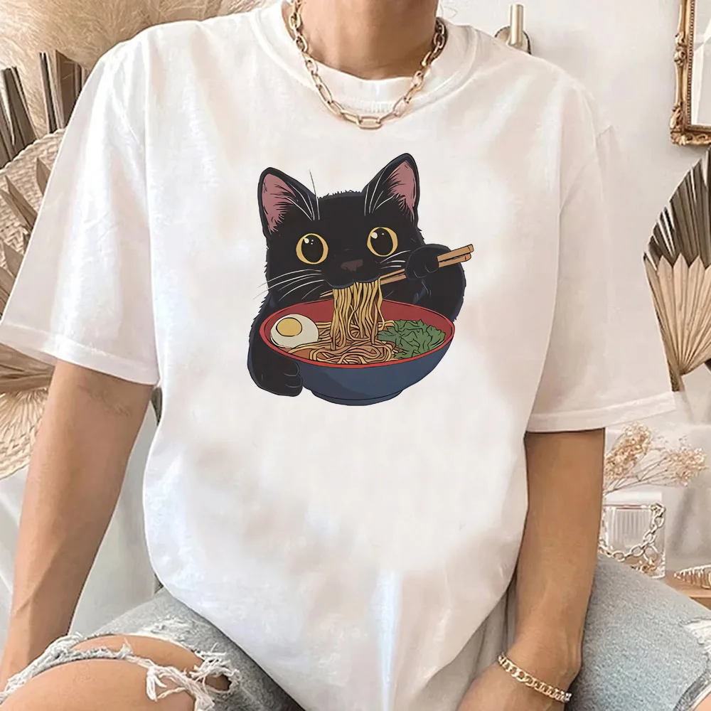 Noodle Ramen Cat shirt teen Pop Culture graphic Comfortable Gothic Vintage Fashion Harajuku Kawaii T-shirt Women's Y2K Clothing