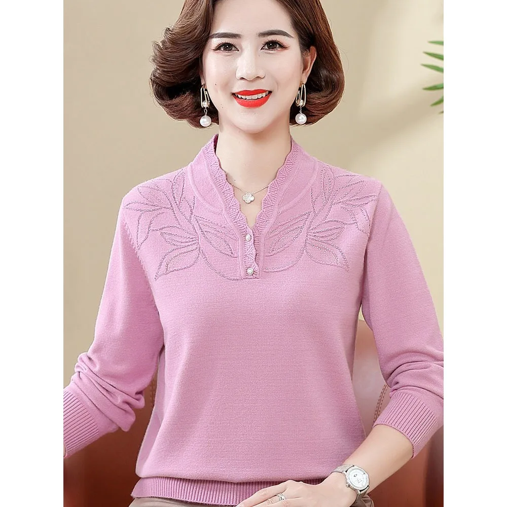 Mother Wear Autumn Knitwear Fashion New Middle-aged Mother Sweater High Quality Elegant Slim Knit Jumper V-neck Female Pullovers