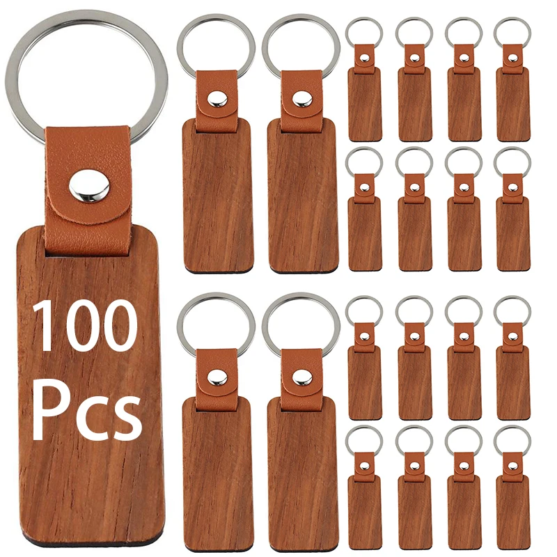 100Pcs DIY Souvenir Keyring Leather Sublimation Blank Wooden Key Chains Keychain