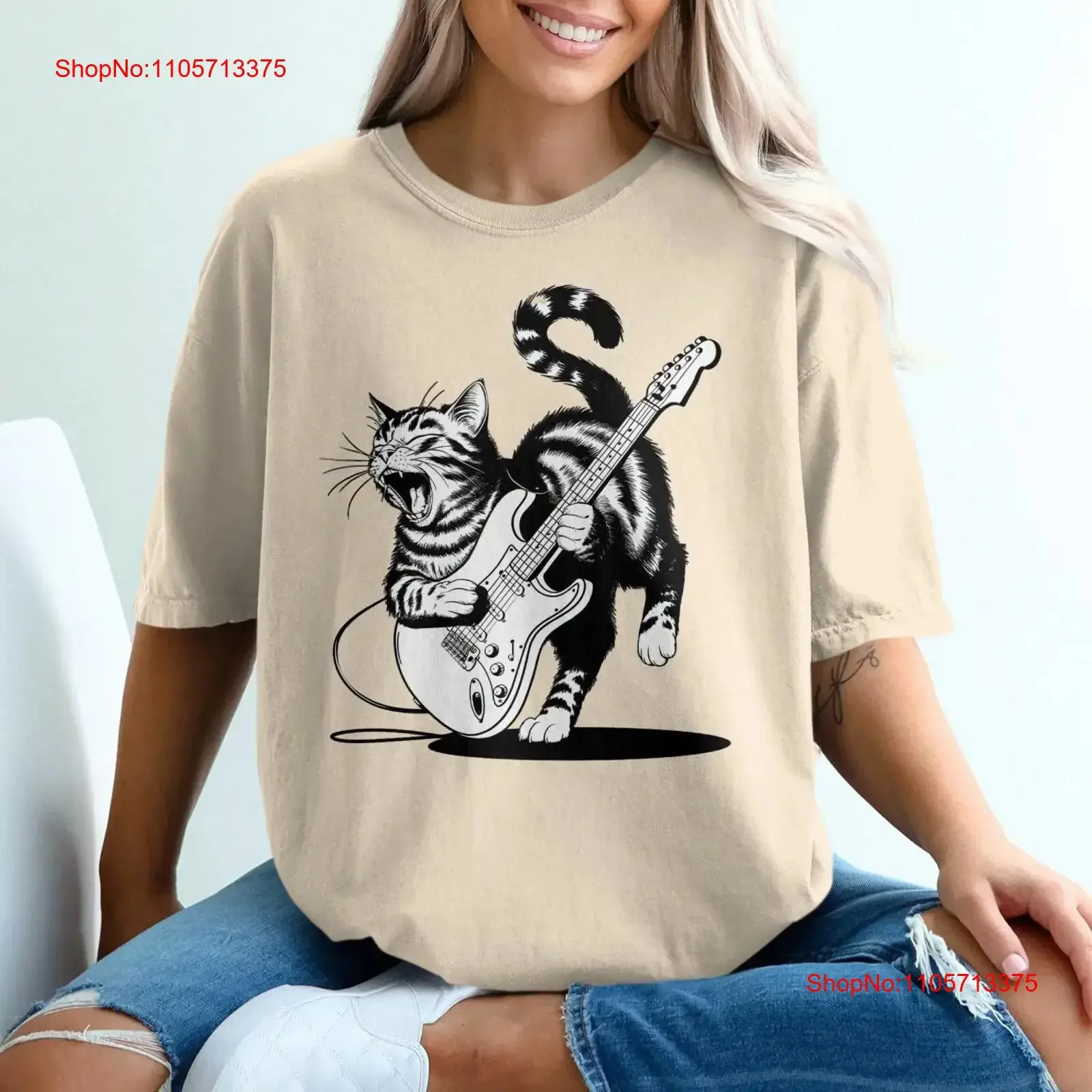 Cat band shirt Rocking with Electric Guitar T Cool Musicians Apparel Music Lovers Unique Fun vintage Washed streetwear fashion