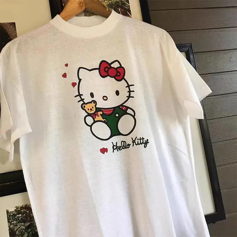 New Hello Kitty Summer with Short Sleeves Couple Model for Men and Women Y2K Pure Cotton Fabric T-Shirt Kitten with A Headdress