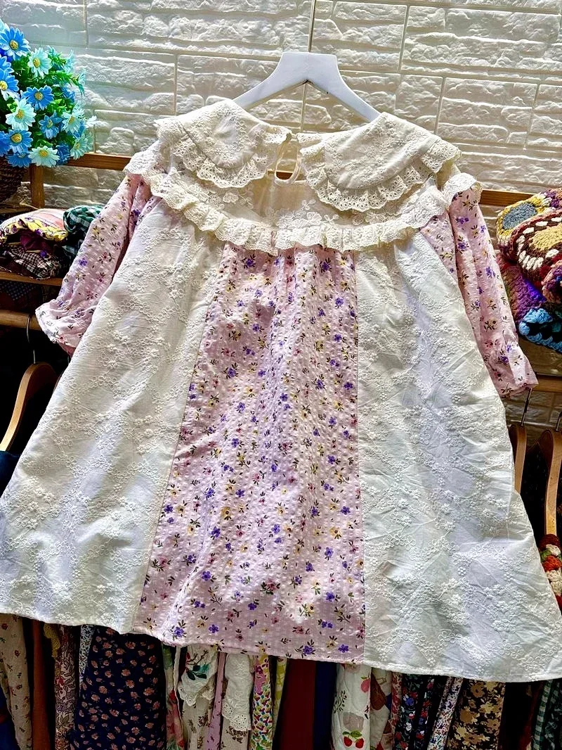 Cottagecore Vintage Cotton Floral Embroidery Ruffled Lace Patchwork Babydoll Blouse Retro Victorian Rococo Shabby Chic Shirt Top