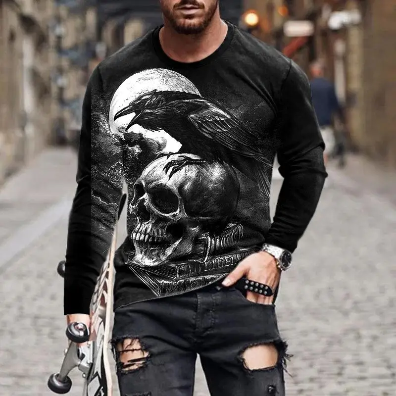 Men Long Sleeve T-shirt 3D Skeleton Motorcycle Flame Gothic Biker Streetwear Crew Neck Top