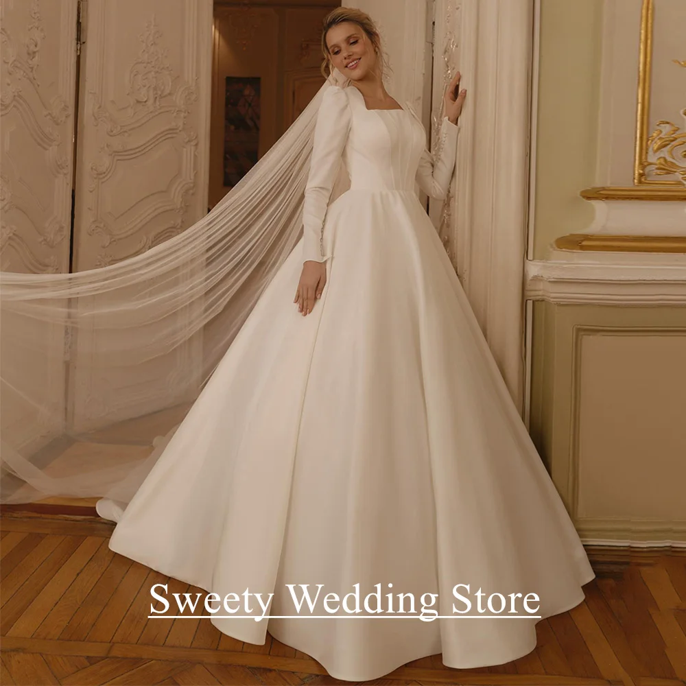 فستان الزفاف العربي مخصص ساحة الرقبة كامل الأكمام عودة زيبر أزرار ثوب الزفاف قطار الاجتياح ألف خط فساتين العروس #1