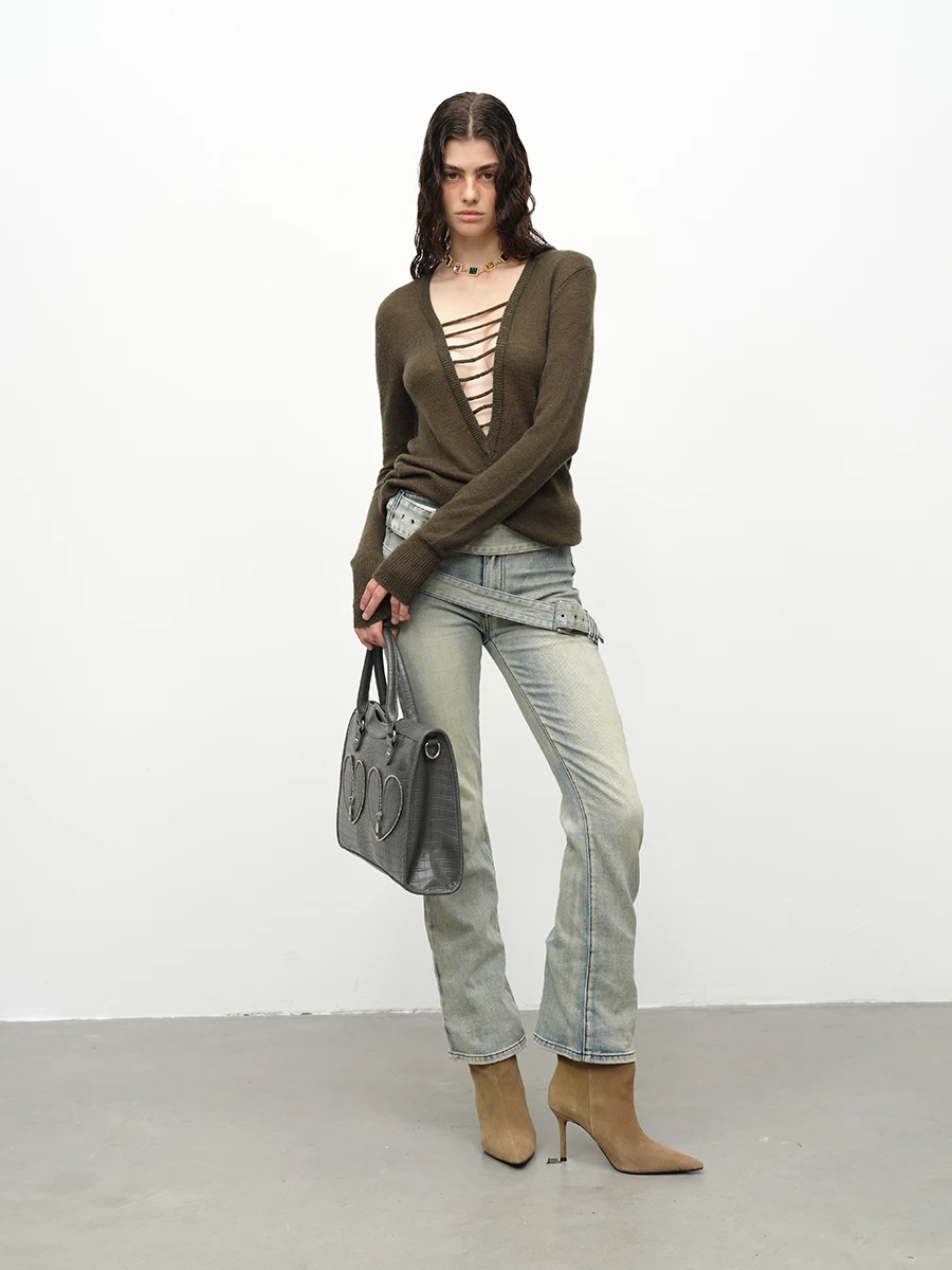 

Вязаный вручную двухцветный шерстяной свитер Doears24AW: повседневный, приталенный, с V-образным вырезом, длинными рукавами, теплый, модный, для молодых женщин