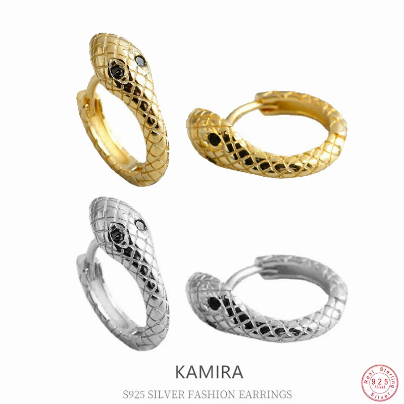 KAMIRA Real 925 Sterling Silver Cute Snake Black Zircon Hug Hoop Earrings for Women Party Punk Unisex Fine Jewelry Design Sense