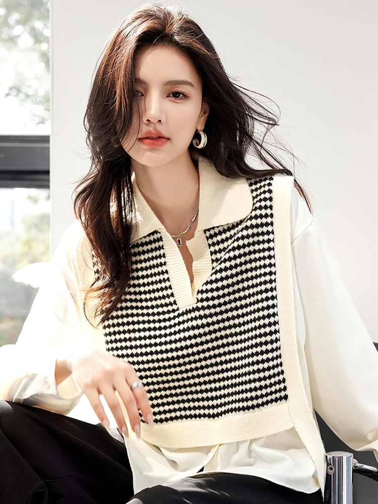 Fashion Fake Two-piece Knitted Vest Stitching Shirt Women Autumn New Turn-down Collar Long Sleeve Tops Sweater