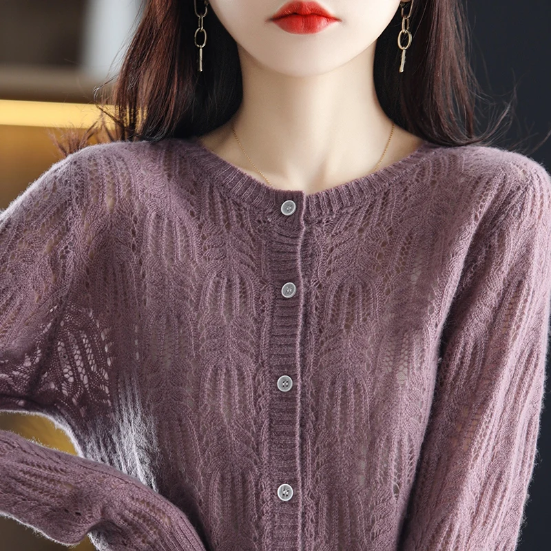 

100% pure wool knitted cardigan women's coat hollowed-out twisted sheep sweater round neck knitted bottom top top outside