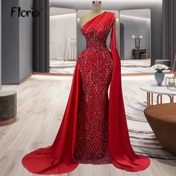 Red Long Cape Sleeve Side Train Engagement Dress Midi Long Celebrity Dresses Dubai Robe Soirée Female Plus Size Vestido De Noiva