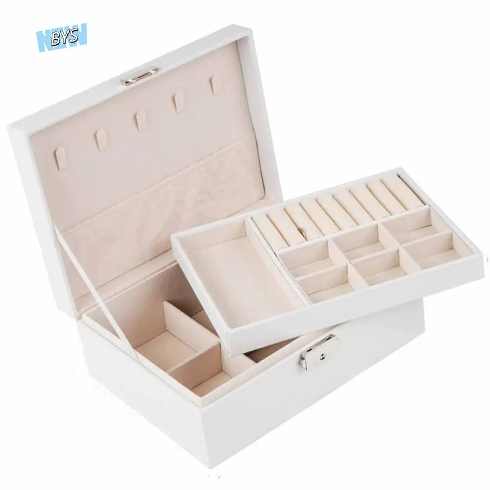 

2-слойная двухслойная шкатулка для драгоценностей из искусственной кожи с замком, ожерелье, серьги, элегантная витрина для ювелирных изделий большой емкости для женщин