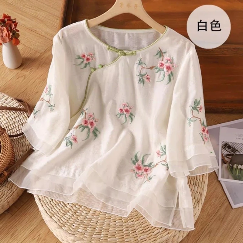 

Summer Flower Embroidered Cheongsam Blouses Women Cotton And Linen Shirt Casual Loose Top