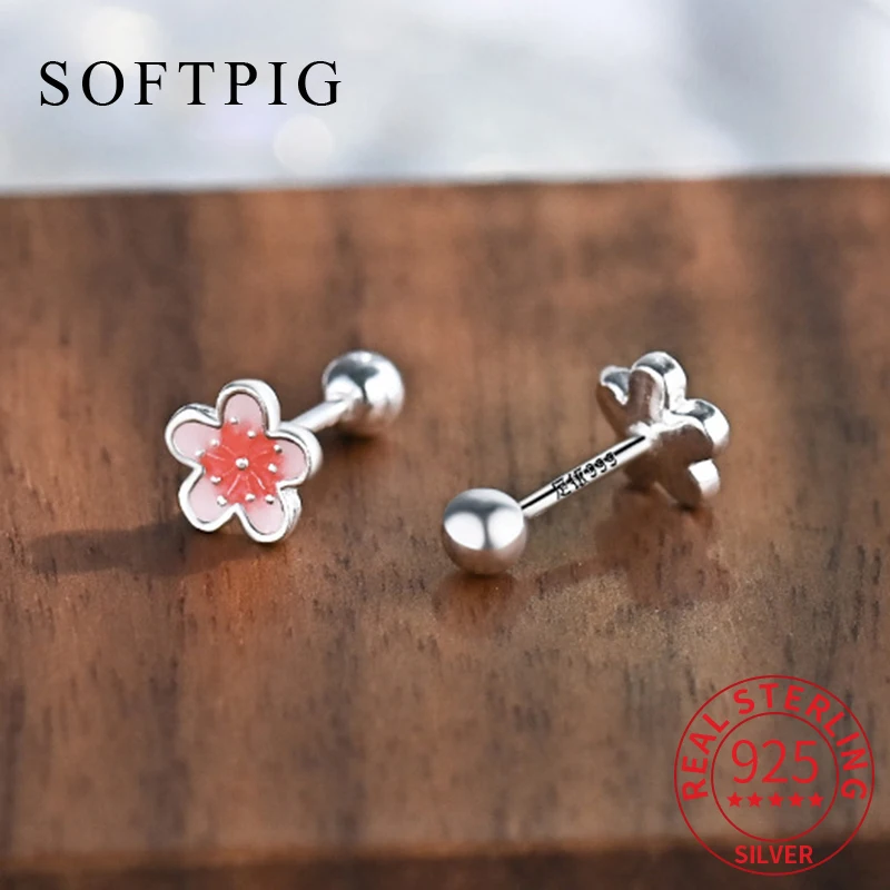 

SOFTPIG Real 925 Sterling Silver Pink Flower Piercing Screw Bead Stud Earrings for Women Exquisite Fine Jewelry Cute Accessories