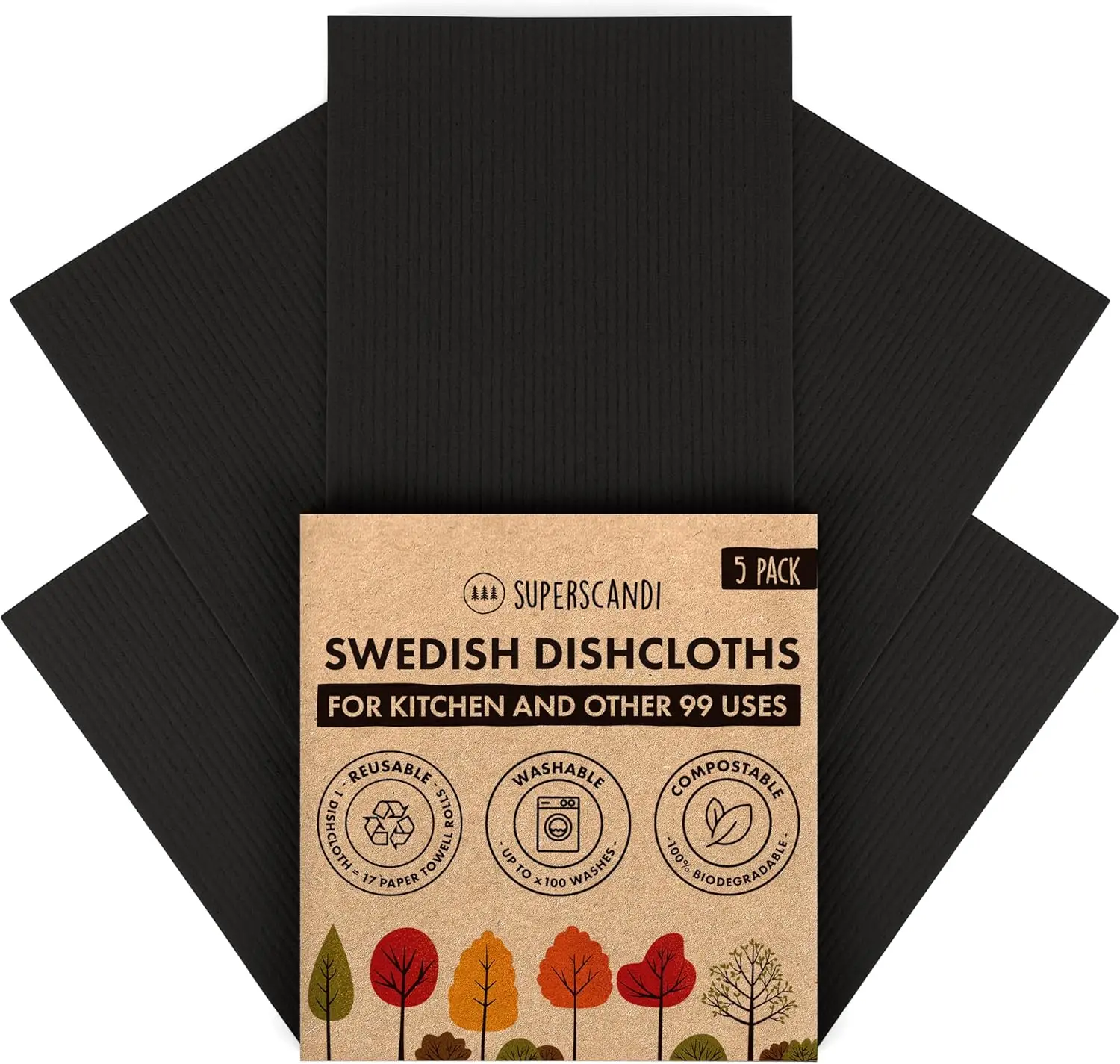 

5 Pack Swedish Dishcloths - Biodegradable, Reusable & Washable Paper Towels for Kitchen - Food-Safe, Plastic-Free, Black