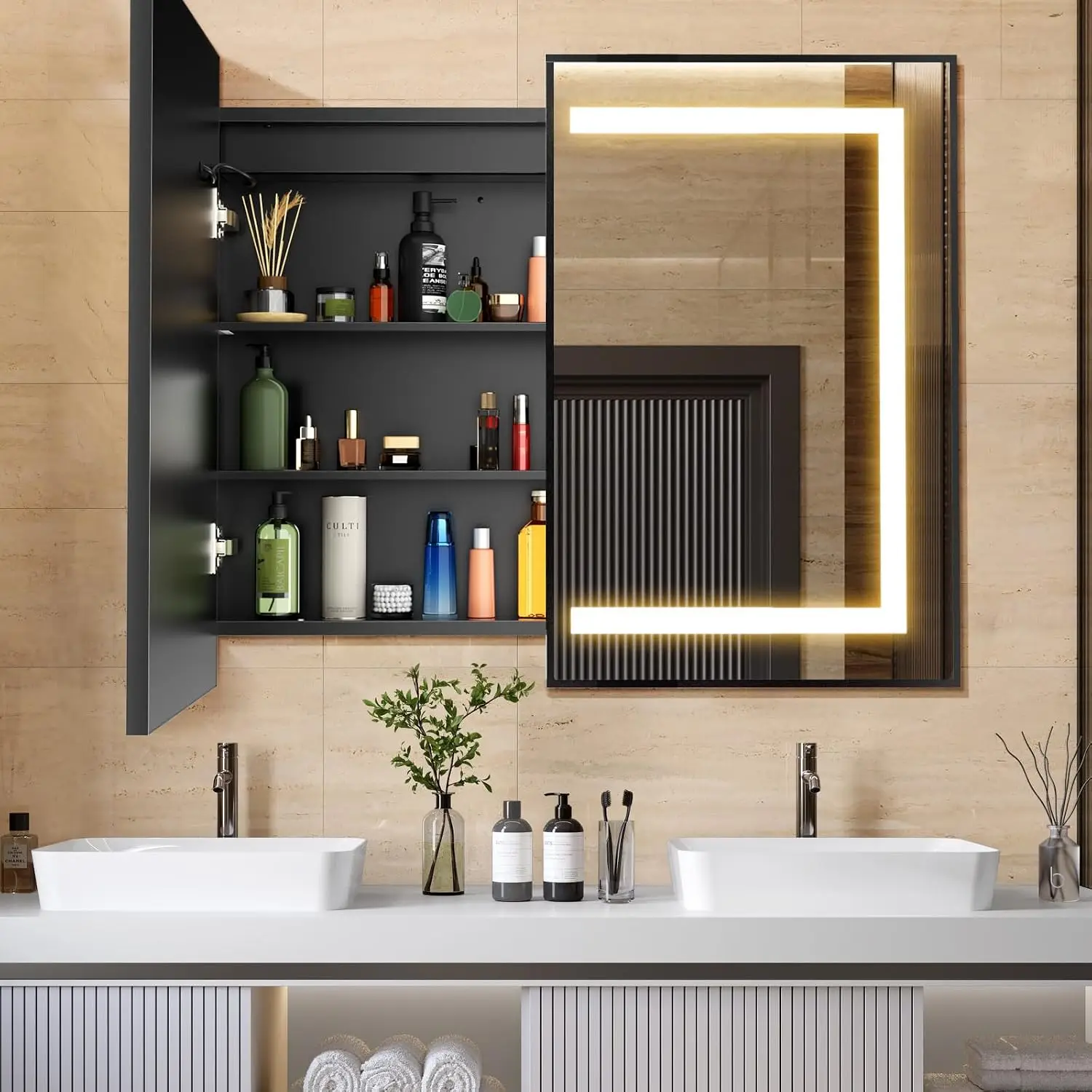 40x32 Inch Lighted Bathroom Medicine Cabinet, Black Recessed or Surface Mount, Storage & LED Mirror, 3 Color Temp Dimmable, Cust