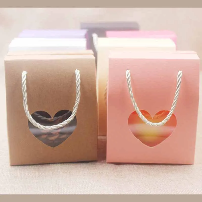 

30pcs Heart Window Paper Gift Box Pink Handle Cand Box Bags Retangular Shape PVC Film Window Packaging Bag Party Supplies