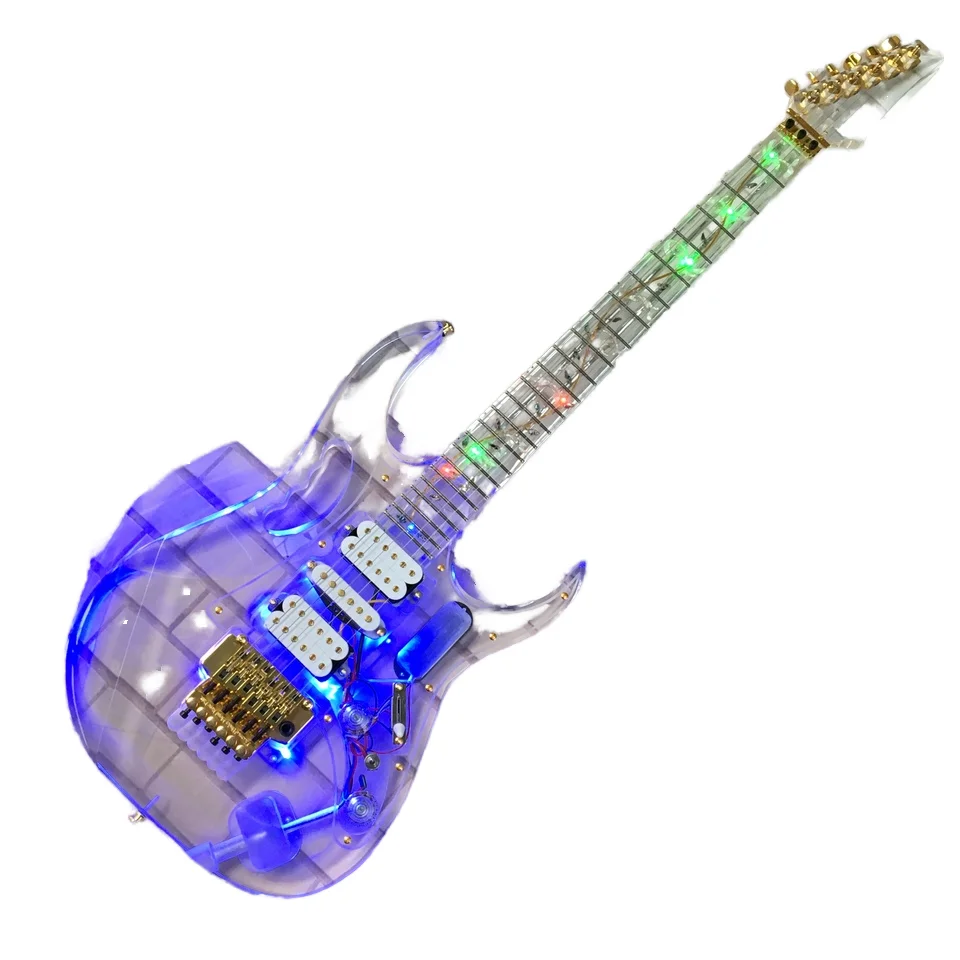 6 Strings LED Light Guitar 7V HSH Pickup Transparent Glossy 22 Frets Foam Case Acrylic Stevai Electric Guitar