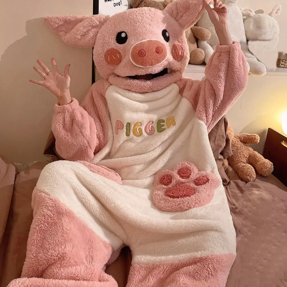 Coral Fleece Pig Onesie Pajamas 3D Ears Design Piggy Pocket Detail Adult Wearable Blanket Warm Oversized Fit Lounger Robe