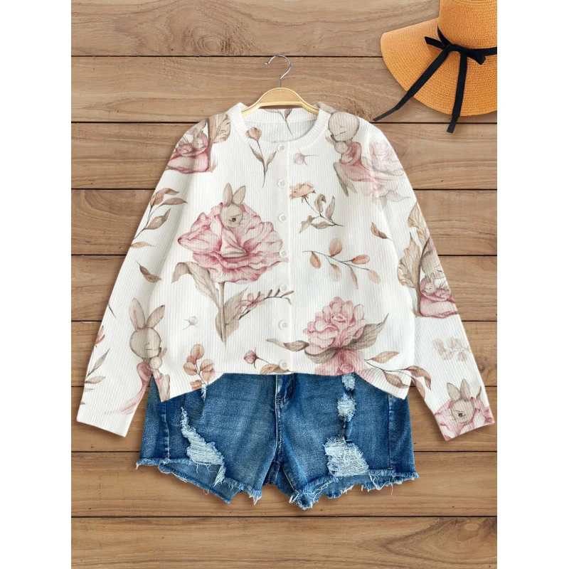 

Owl Digital Print Women's Knit Cardigan Thick, Loose-Fit Crew Neck Long Sleeve Autumn/Winter Casual Style