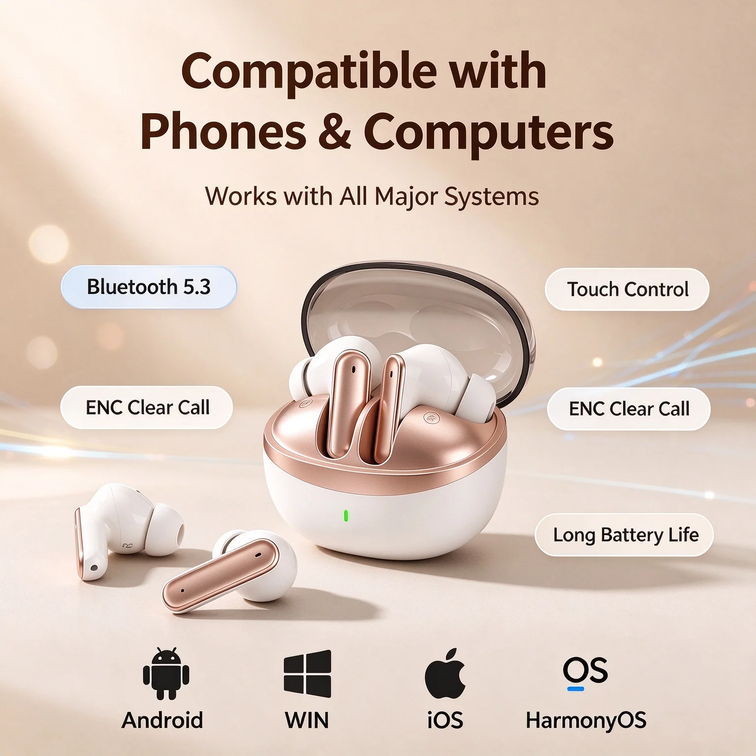 U55-Wireless Bluetooth Earbuds, Stereo Sound Bluetooth Headphones with Transparent Charging Case, Long Battery Life Earphones