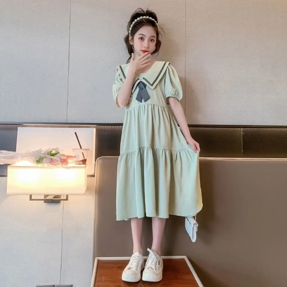 

Elegant Bowknot Girl Princess Dress Preppy Style Puff Short Sleeve Teenagers Dresses Sweet Loose Children Bubble Dress Kids